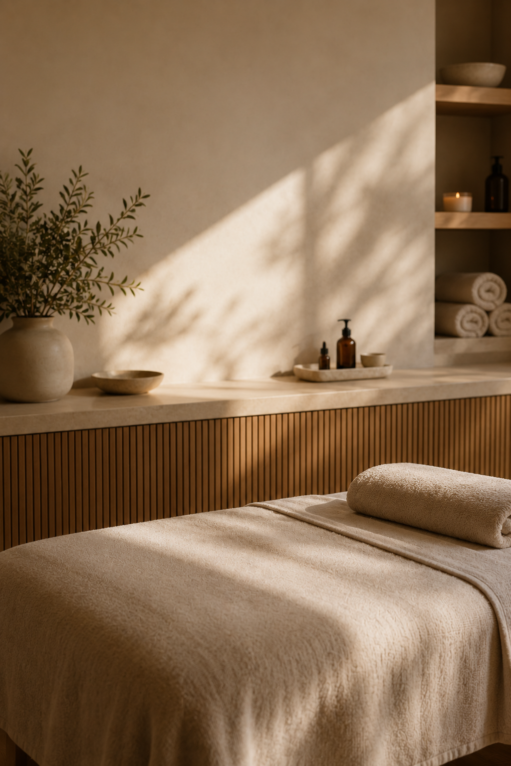 A tranquil massage room at Being Wellness Centre in St Albans, with a professionally prepared massage table, soft neutral furnishings, natural timber finishes, candles, plants and premium wellness products.