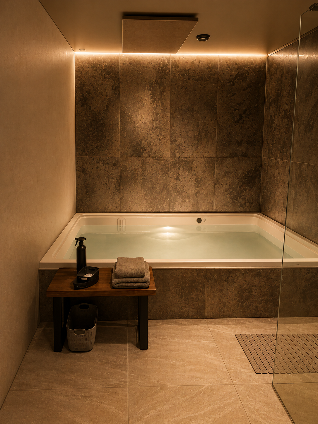 Private float therapy room at Being Wellness Centre in St Albans, featuring a spacious open float pool, luxury towels, wellness amenities and contemporary interiors designed for deep relaxation and overall wellbeing.