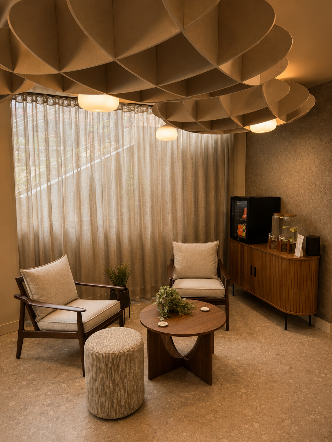 A beautifully designed relaxation lounge at Being Wellness Centre in St Albans, featuring comfortable seating, natural timber furniture, soft lighting and a calming atmosphere for guests enjoying massage, float therapy and infrared sauna experiences.