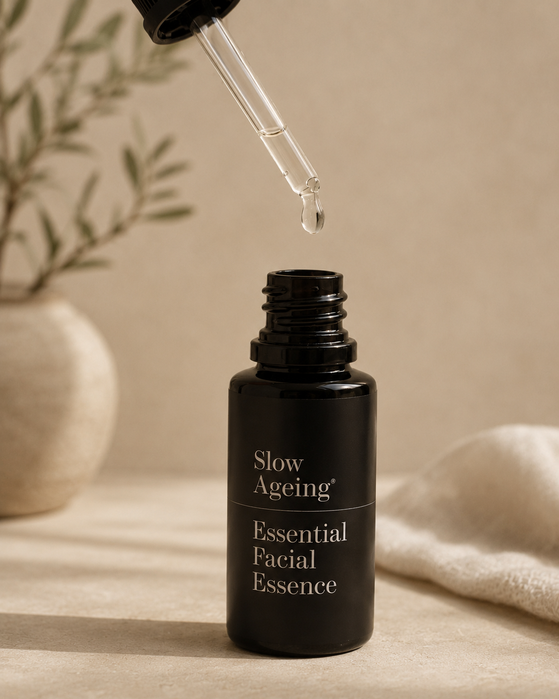 Slow Ageing Essentials Facial Essence with a glass dropper, displayed at Being Wellness Centre in St Albans as part of our curated collection of premium botanical skincare products.