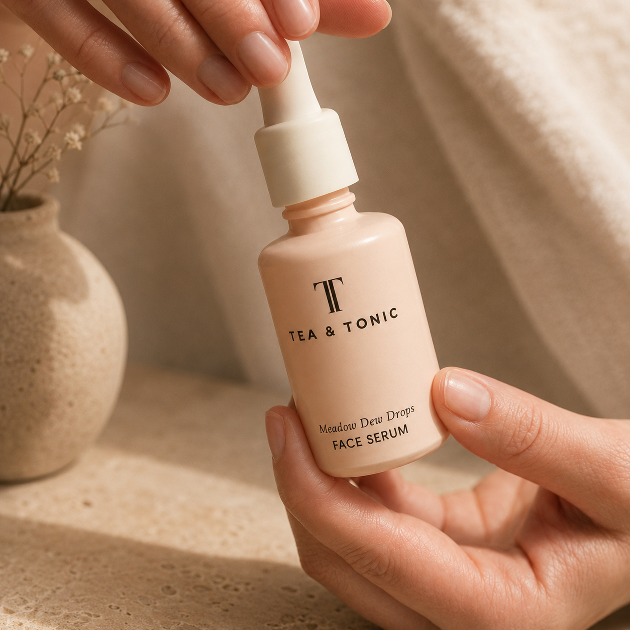 Hand holding Tea & Tonic Meadow Dew Drops facial serum at Being Wellness Centre in St Albans, highlighting premium botanical skincare used alongside massage and wellness treatments.