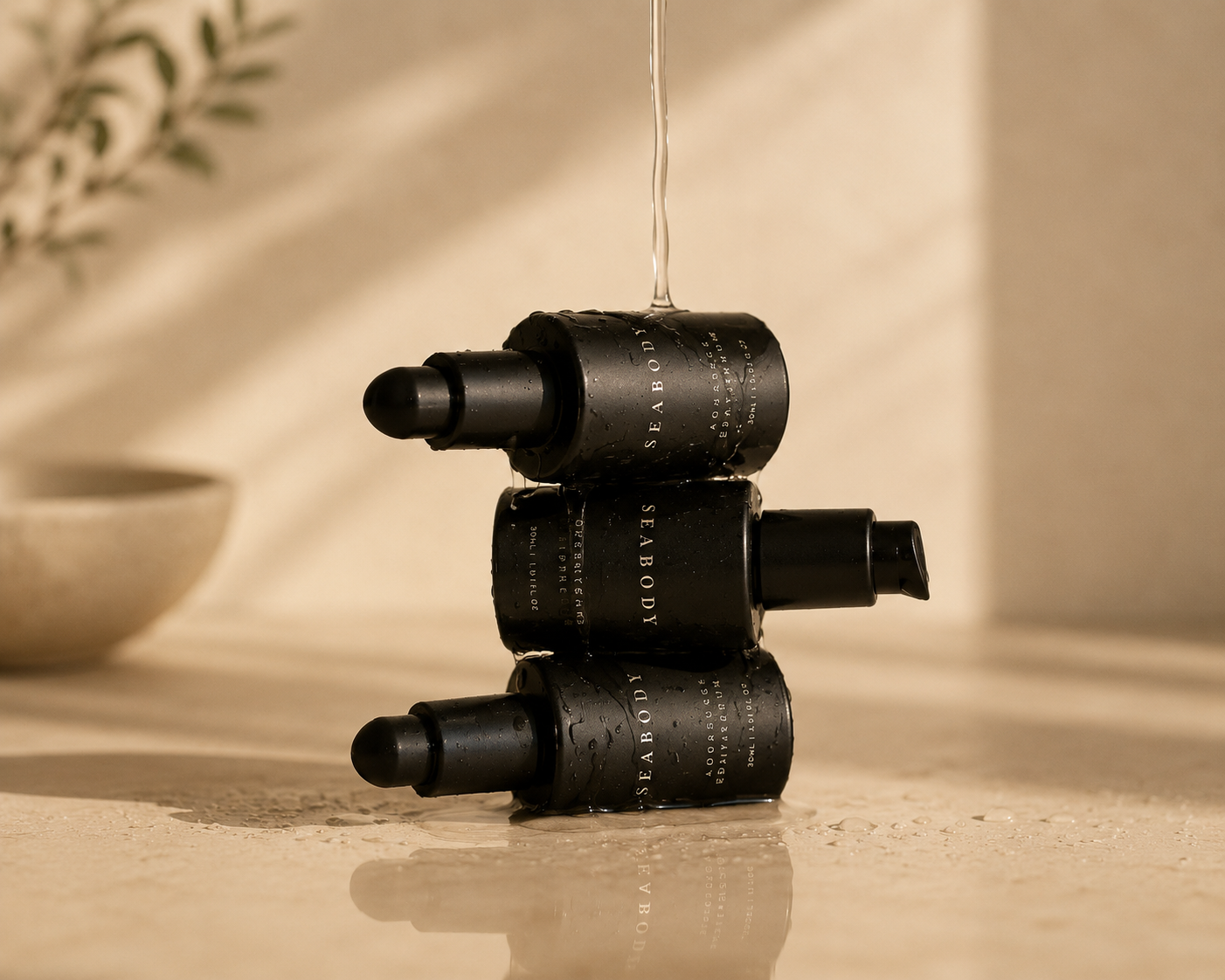 Stacked SEABODY facial serums displayed at Being Wellness Centre in St Albans, highlighting premium marine skincare products used within selected massage and wellness treatments.