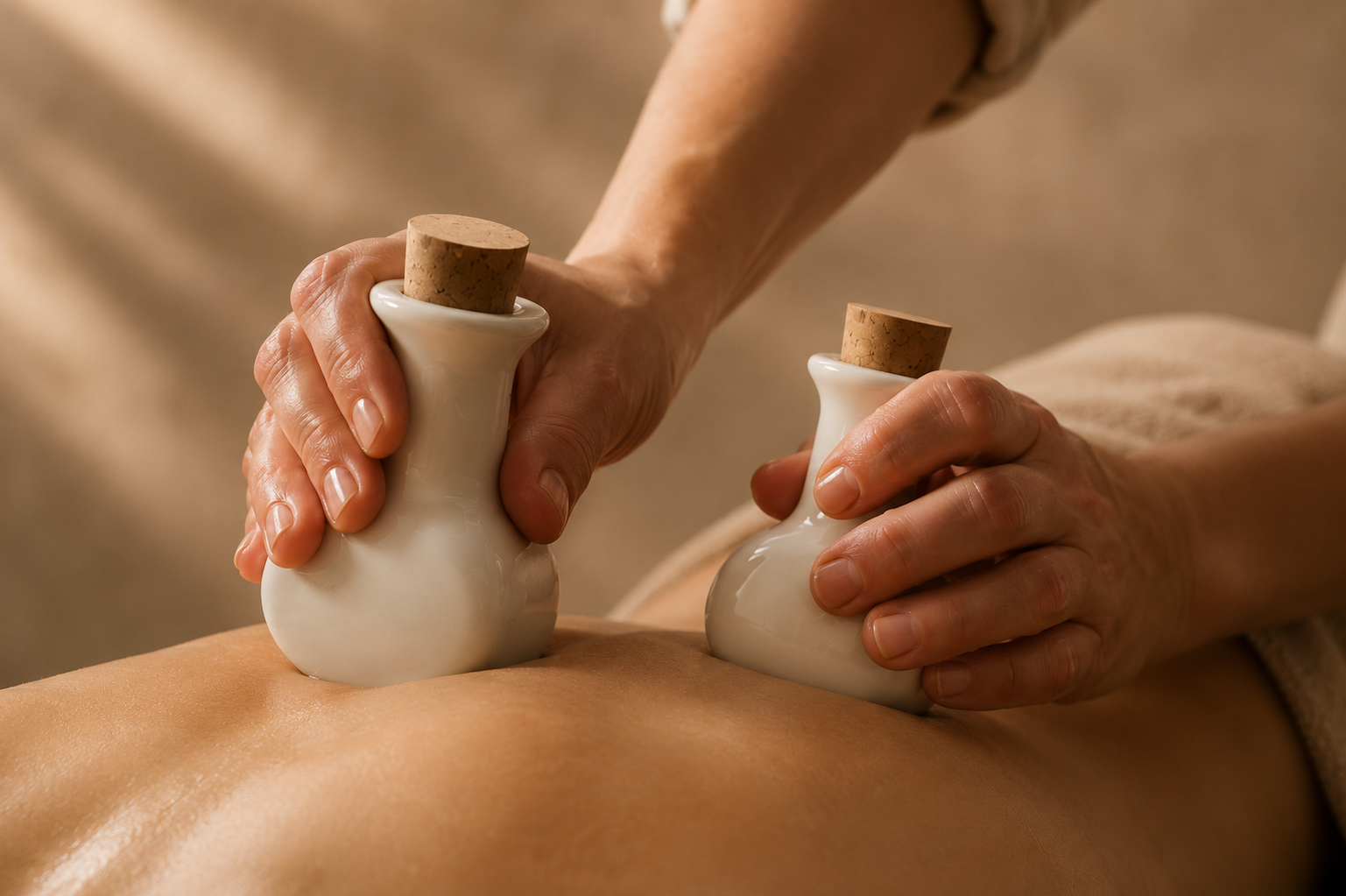 Close-up of an Akwaterra massage treatment at Being Wellness Centre in St Albans, with ceramic therapy tools applied to the back during a personalised wellness and massage session.