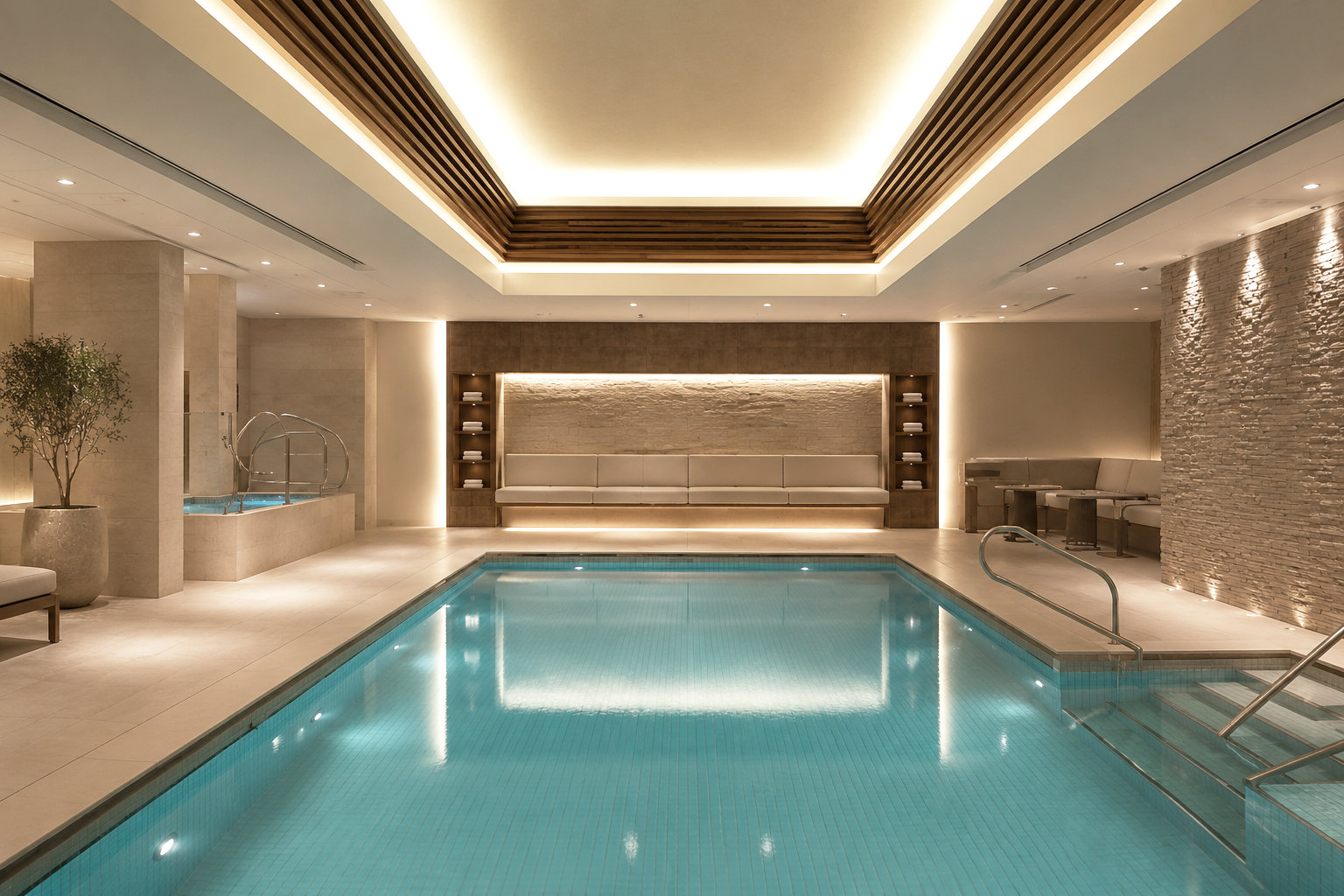 Luxury float therapy room at The Landmark Spa, London, featuring a contemporary wellness pool, ambient lighting, natural stone finishes, elegant seating and a calming environment designed for deep relaxation, stress relief and recovery.