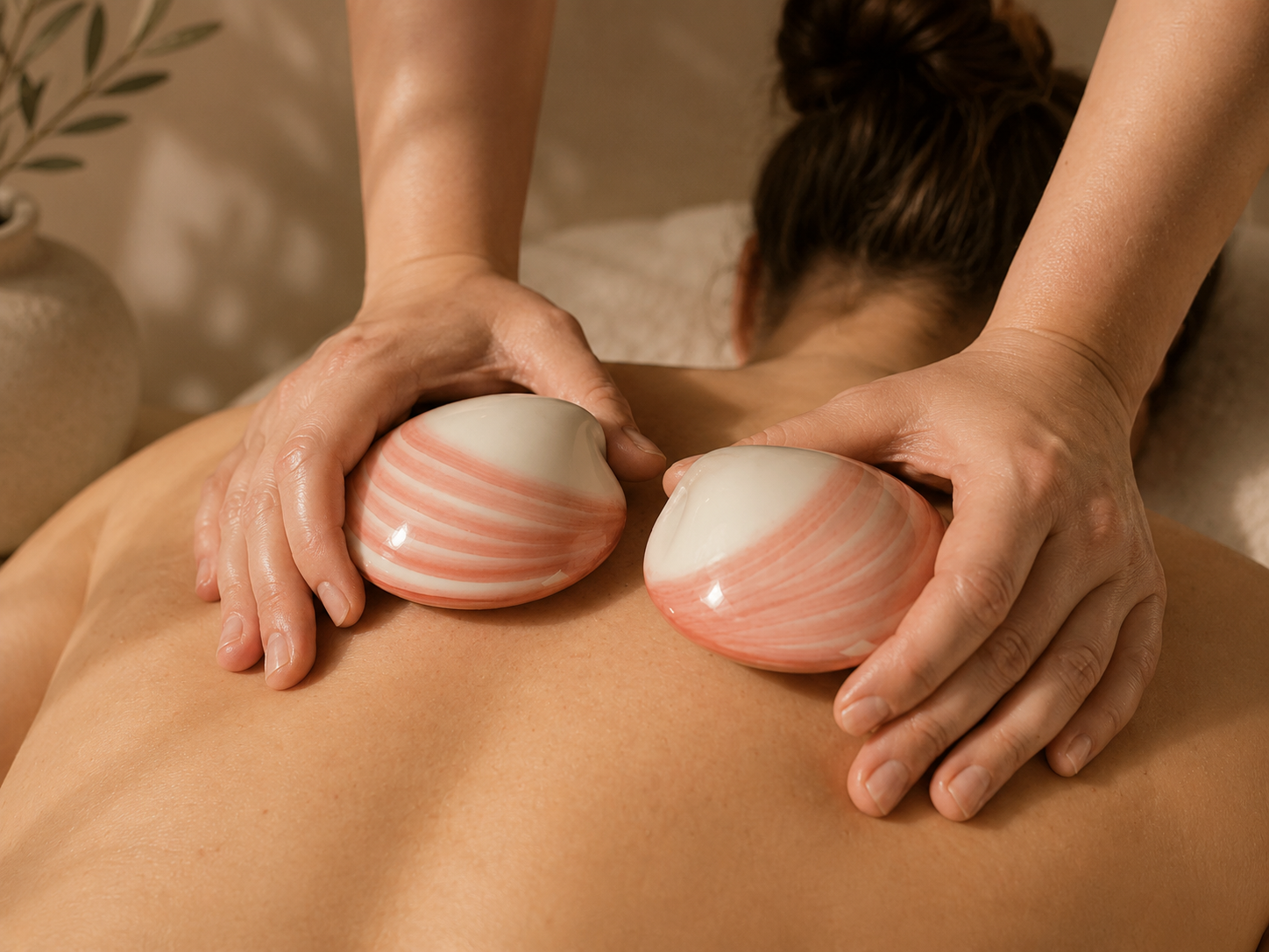 A guest receiving a Lava Shell Massage at Being Wellness Centre in St Albans, with naturally self-heating Lava Shells placed on the back during a relaxing therapeutic massage treatment.