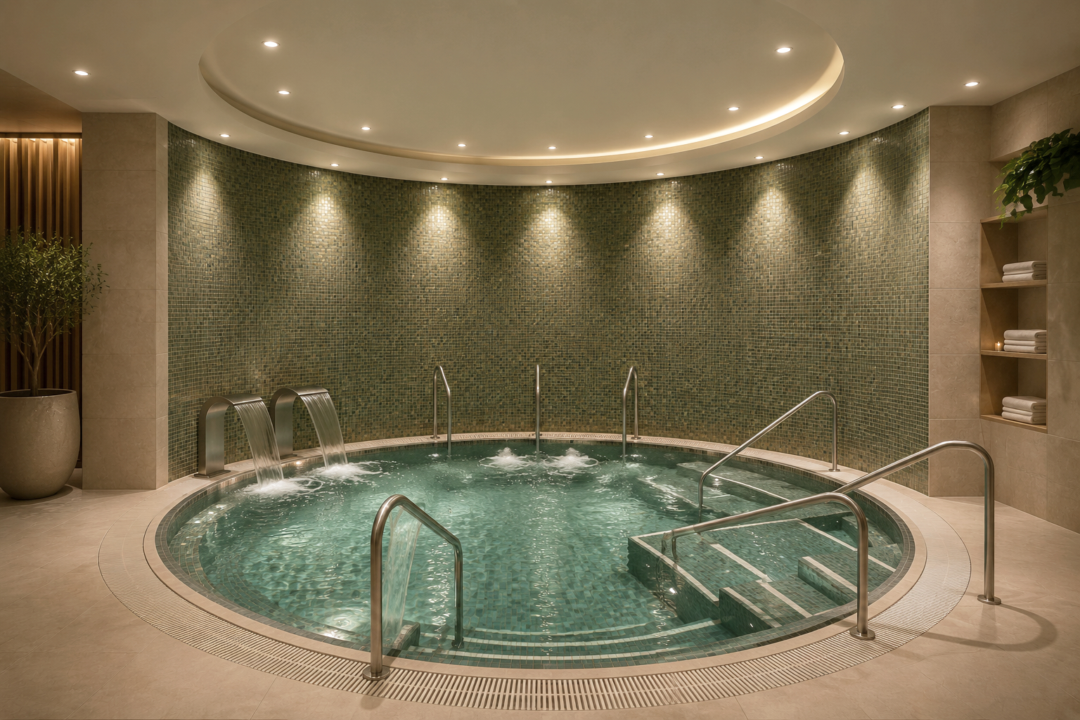 Contemporary float therapy pool at The Verulamium Spa, St Albans, featuring a beautifully designed tiled pool, calming ambient lighting and a peaceful environment for deep relaxation, stress relief and overall wellbeing.