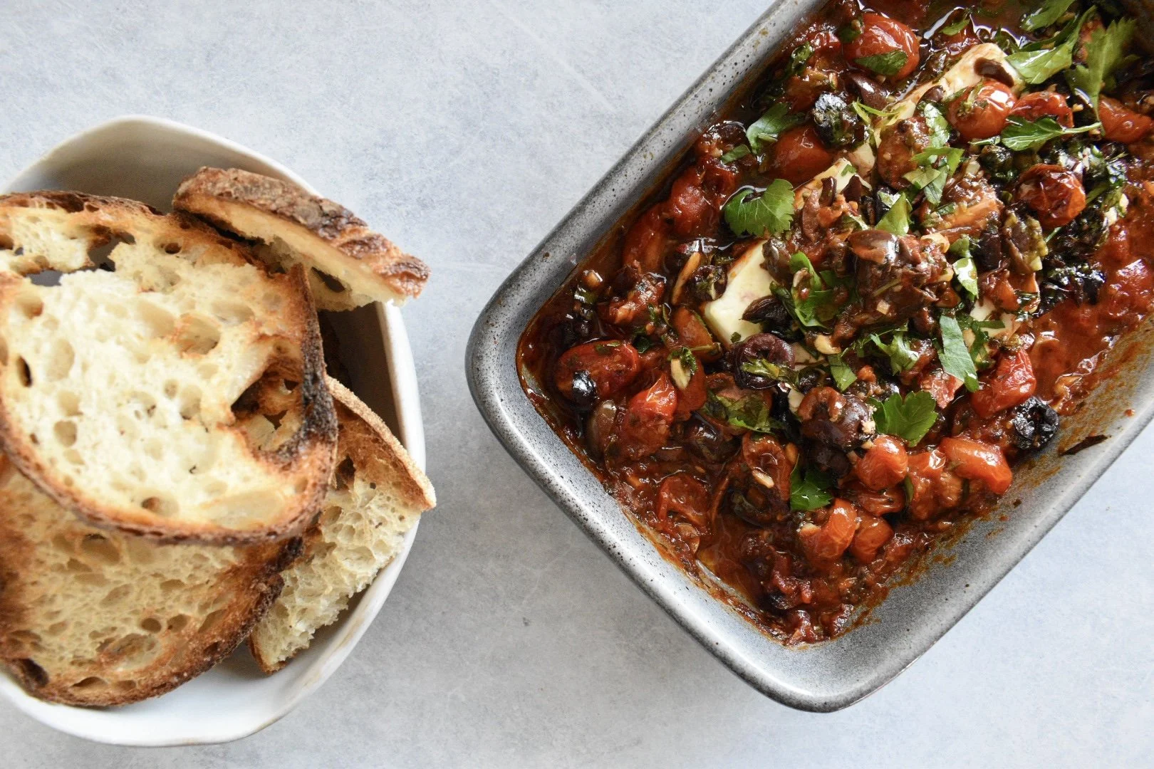 BAKED FETA, TOMATO & KALAMATA OLIVE DIP — Wholesome by Sarah