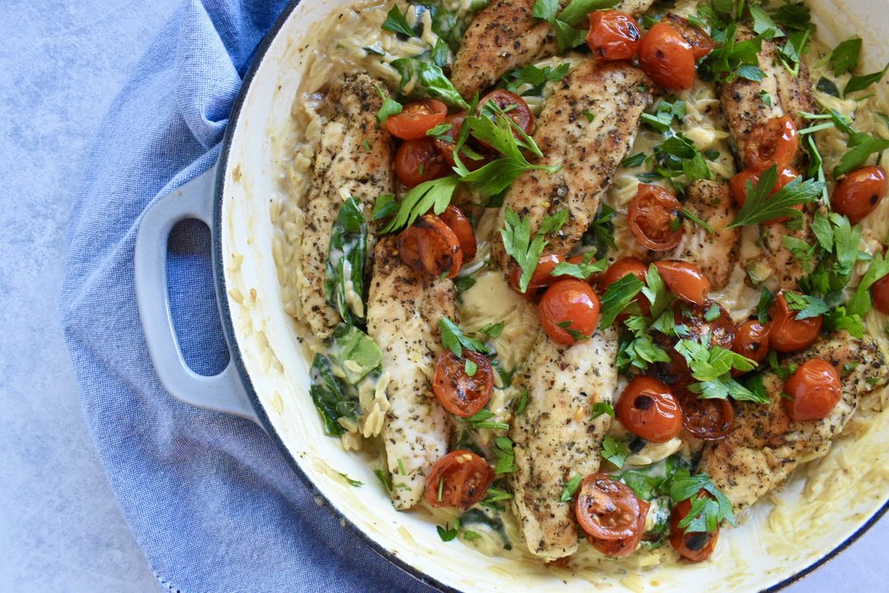 CREAMY RISONI WITH CHICKEN, CHERRY TOMATOES & SPINACH — Wholesome by Sarah