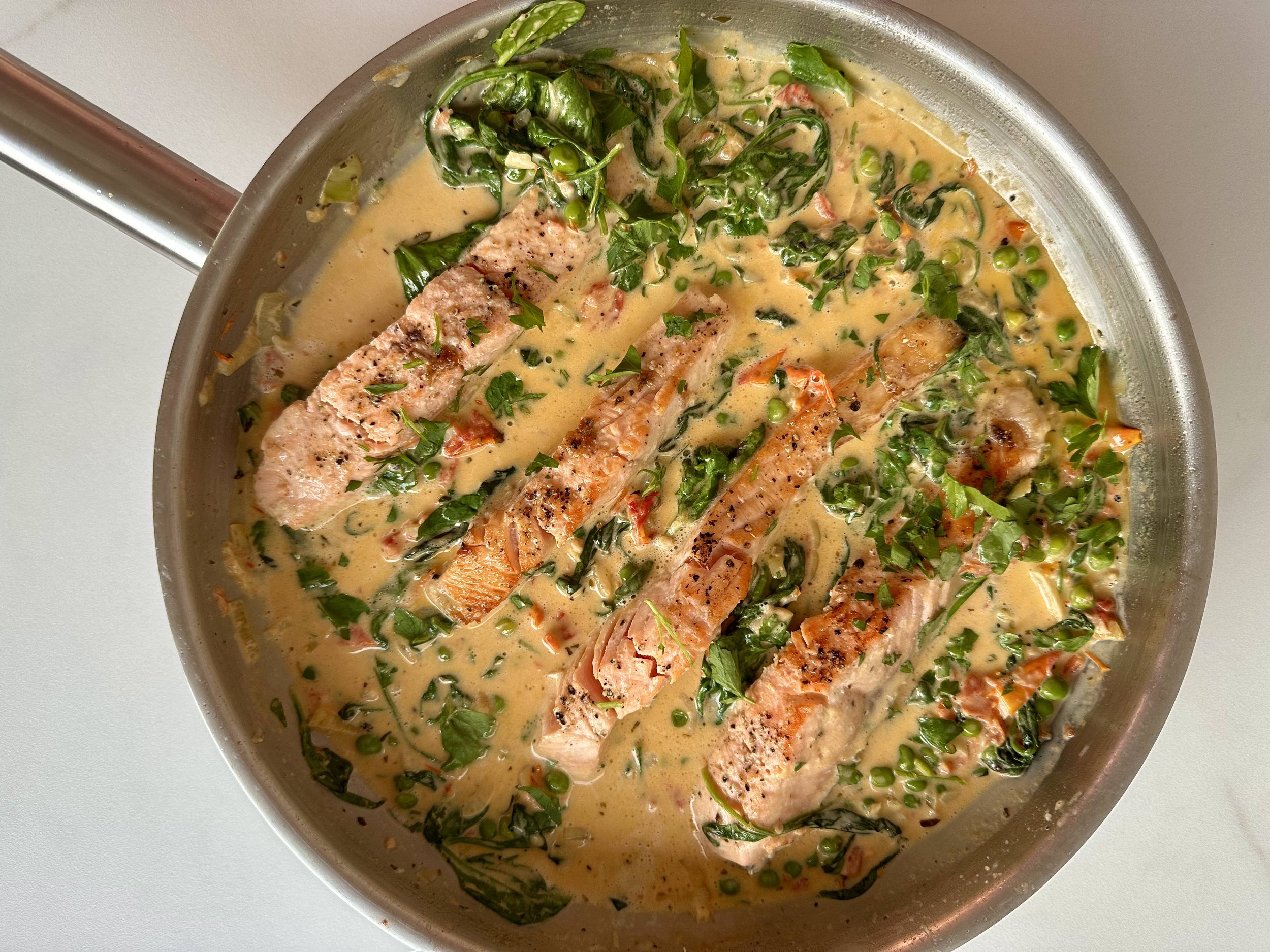 CREAMY SALMON WITH SPINACH, SUN-DRIED TOMATOES & PARMESAN — Wholesome