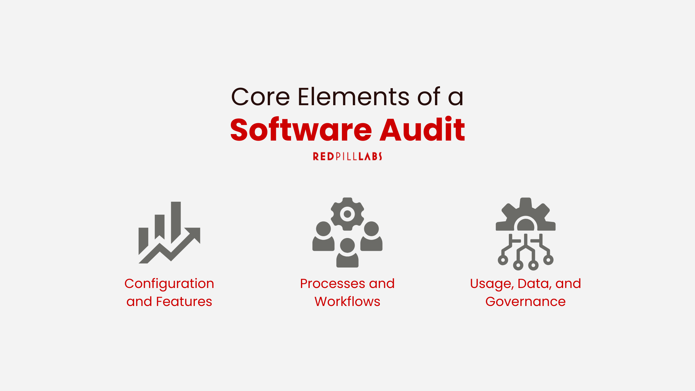 Core Elements of a Software Audit; Configuration and features, processes and workflows, and usage, data, and governance for your enterprise software