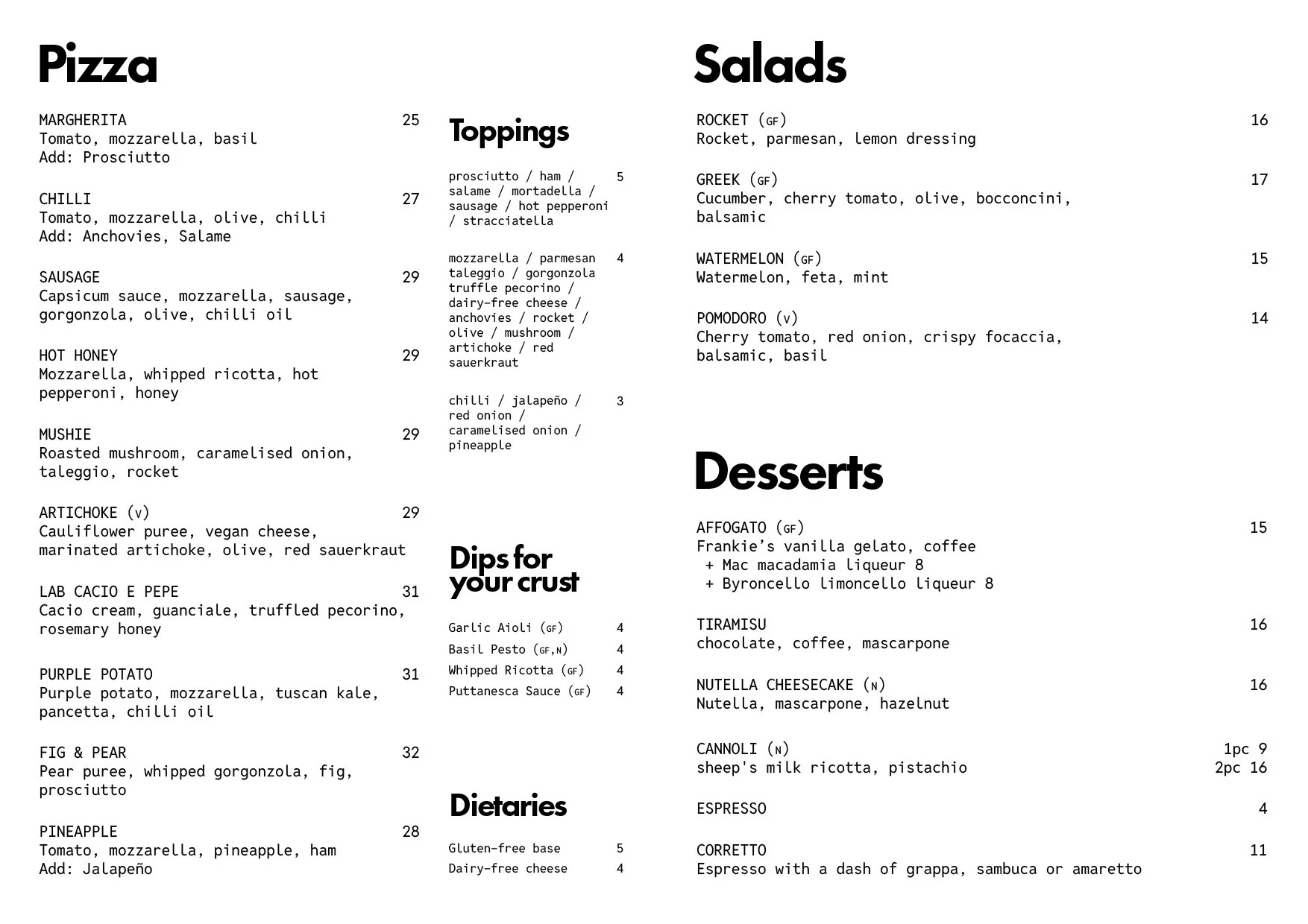 Bay Pizza Lab Menu Feb 2026