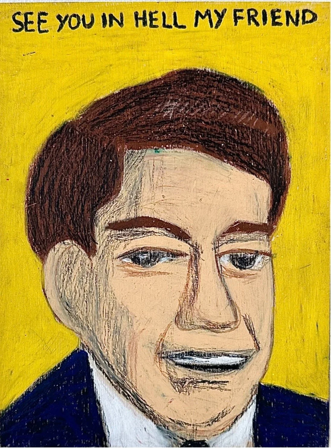 See you in hell my friend, 2025, pastellkrita på pannå, 20 x 15 cm