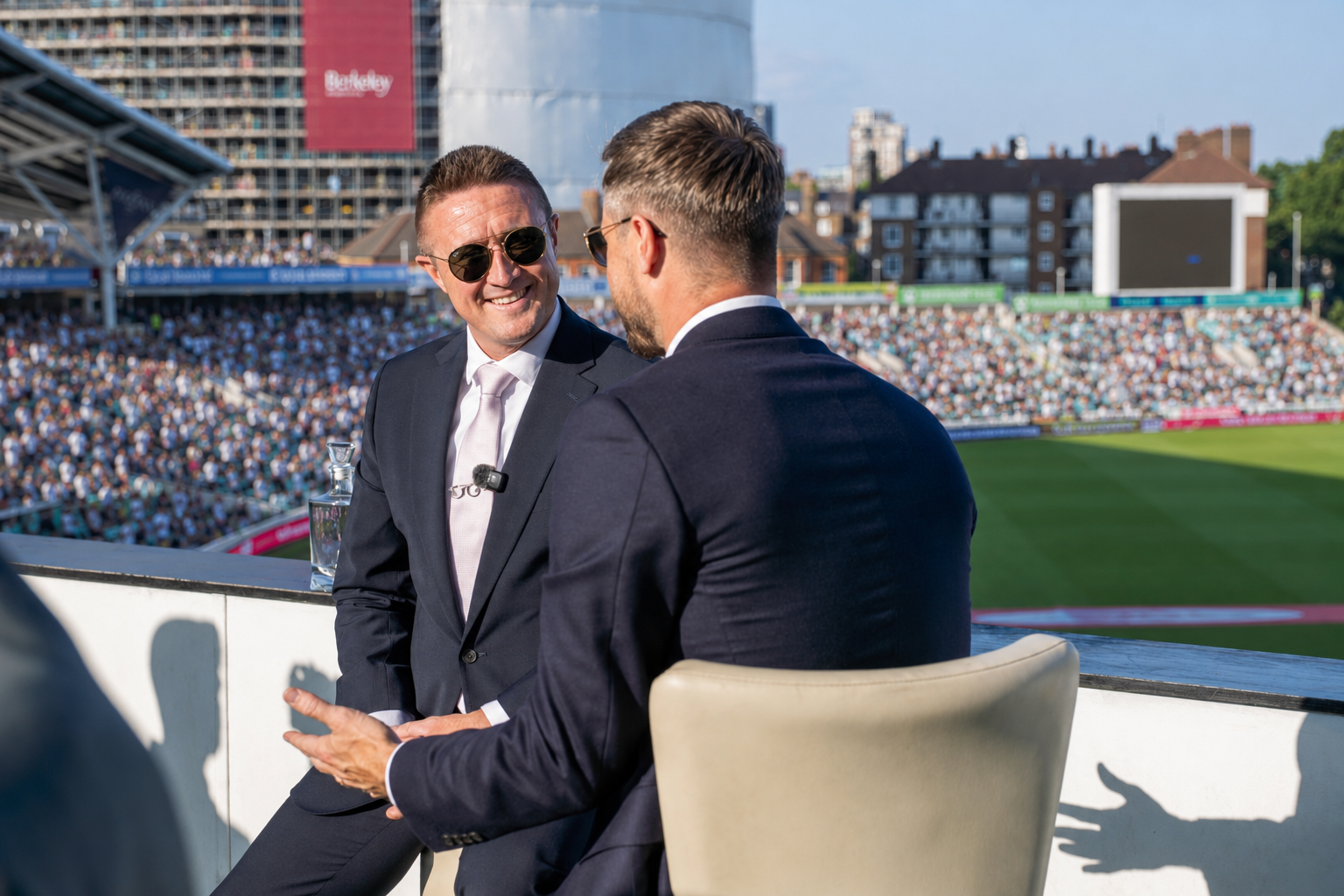 Sports Presenter Matthew Walker interviewing England cricket international and World Cup winner, Chris Woakes at the Oval.
