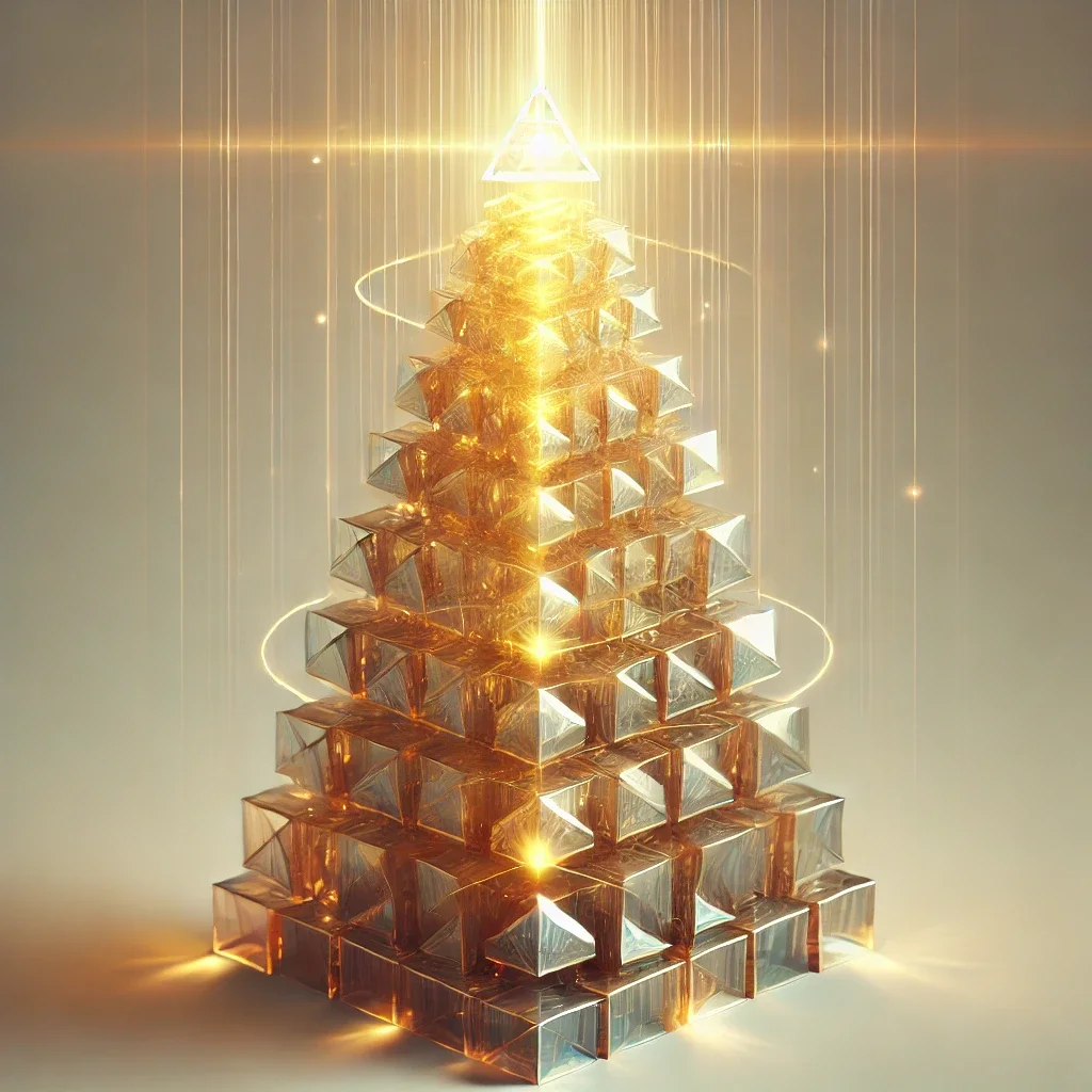 -  mystical, crystalline tower made of stacked golden and translucent tetrahedrons, with a radiant spiral of golden light running through its core12:22