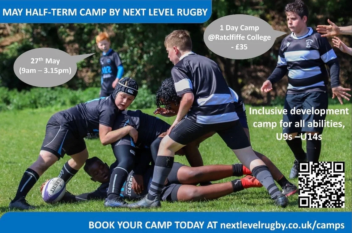May Half Term Camp at Ratcliffe College 🔥

Fun &amp; inclusive ✅
RFU level 2 &amp; 3 Coaches ✅
Pitch side First Aid &amp; Fully insured ✅

Register at www.nextlevelrugby.co.uk (link in bio) 🔖

Wed 27th May (9am- 3.15pm)- Ratcliffe College📍

(U9s -