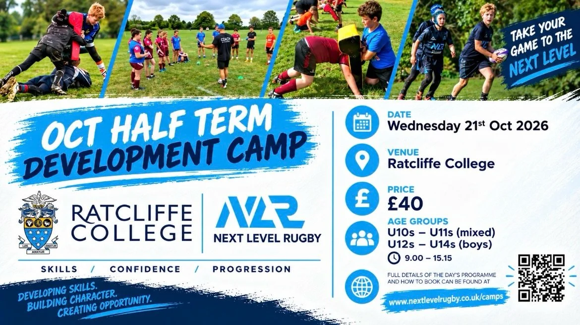 Oct Half Term Camp at Ratcliffe College 🔥

Fun &amp; inclusive ✅
RFU level 2 &amp; 3 Coaches ✅
Pitch side First Aid &amp; Fully insured ✅

Wed 21st Oct (9am- 3.15pm)- Ratcliffe College📍

(U10s - U11s mixed, U12s - U14s boys)

Register at www.nextle