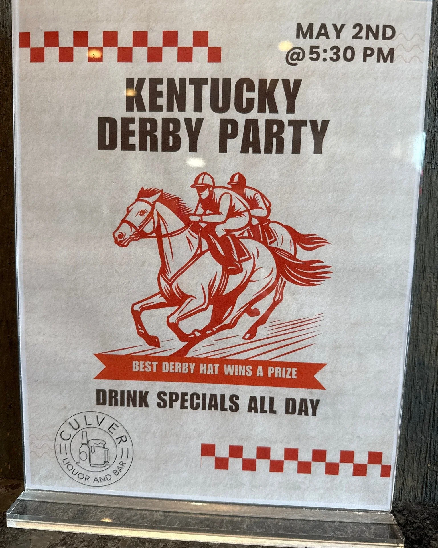 🏇Happy Derby Day! Best hat wins a prize! 👒🤠

⏰Business Hours: 
Sunday 9 am to 5 pm
Monday to Wednesday 9 am to 8 pm
Thursday to Saturday 9 am to 10 pm 

🍺Culver Bar opens when a bartender arrives: 
12 pm Monday to Thursday
9 am Friday to Sunday