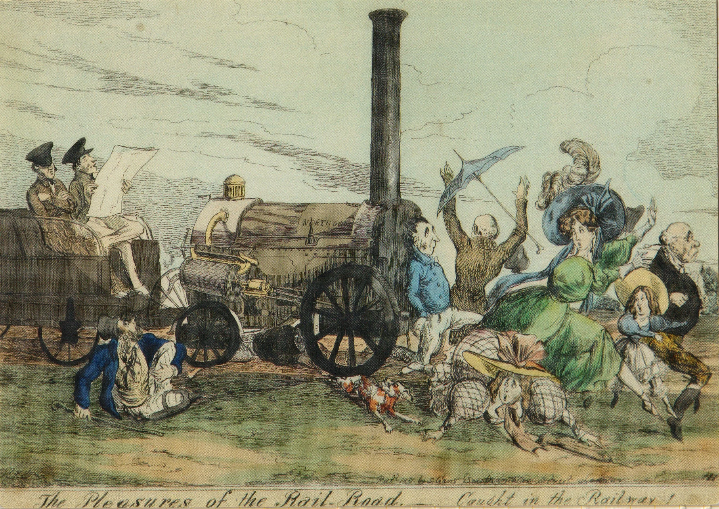 The pleasures of the railroad - Caught in the railway - Hand coloured etching 1831 by Henry Hughes