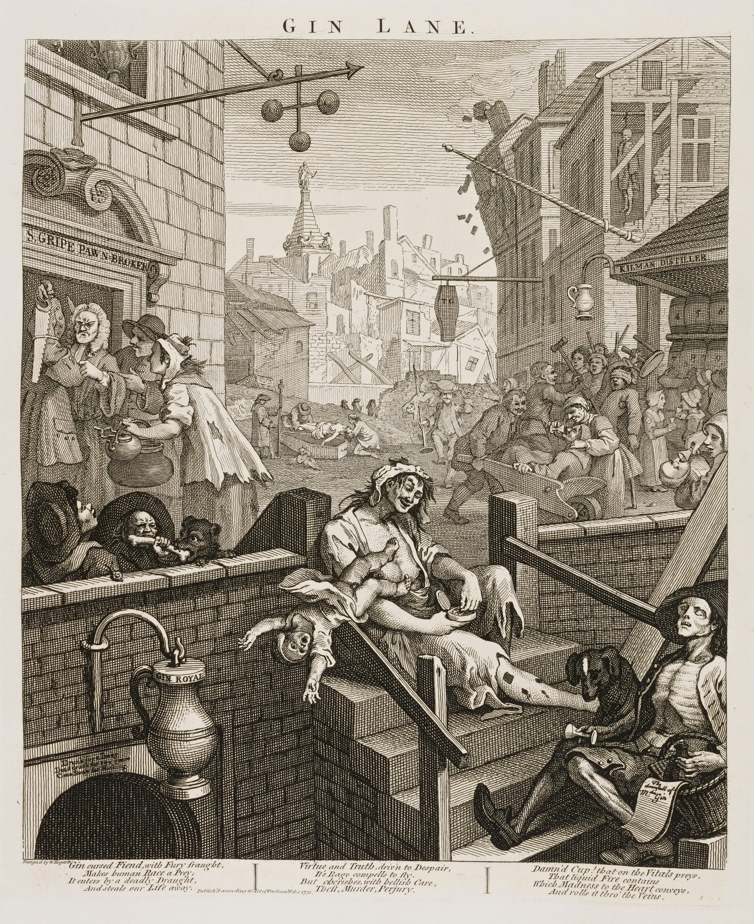 Gin Lane - 1751 satirical etching and engraving by English artist William Hogarth, created to highlight the devastating social effects of widespread gin consumption in London