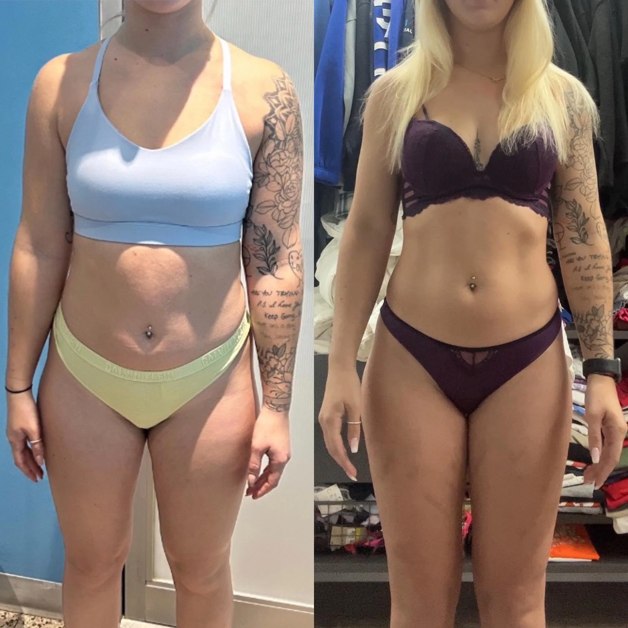 Side-by-side comparison of a woman before and after a fitness transformation. In the 'before' photo, she is wearing a light blue sports bra and yellow underwear, with visible abdominal fat. In the 'after' photo, she is wearing a purple lace bra and m