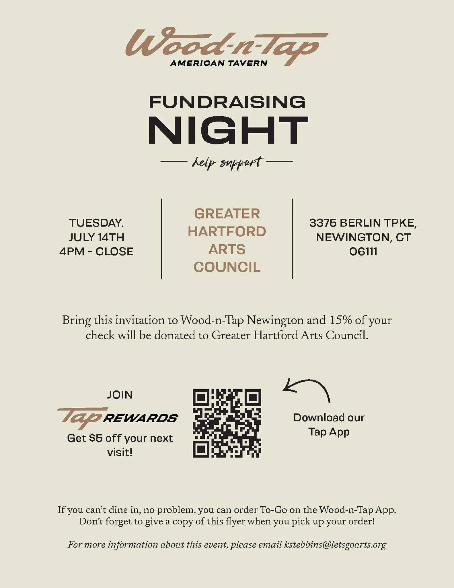 🎉 Today's the Day! 🍽️🎨

Join us tonight at Wood-n-Tap &ndash; Newington (Berlin Turnpike) for the kickoff of Dine for the Arts!

🕔 Today &bull; 5:00&ndash;9:00 PM

Every dinner purchased helps support the Greater Hartford Arts Council and our mis
