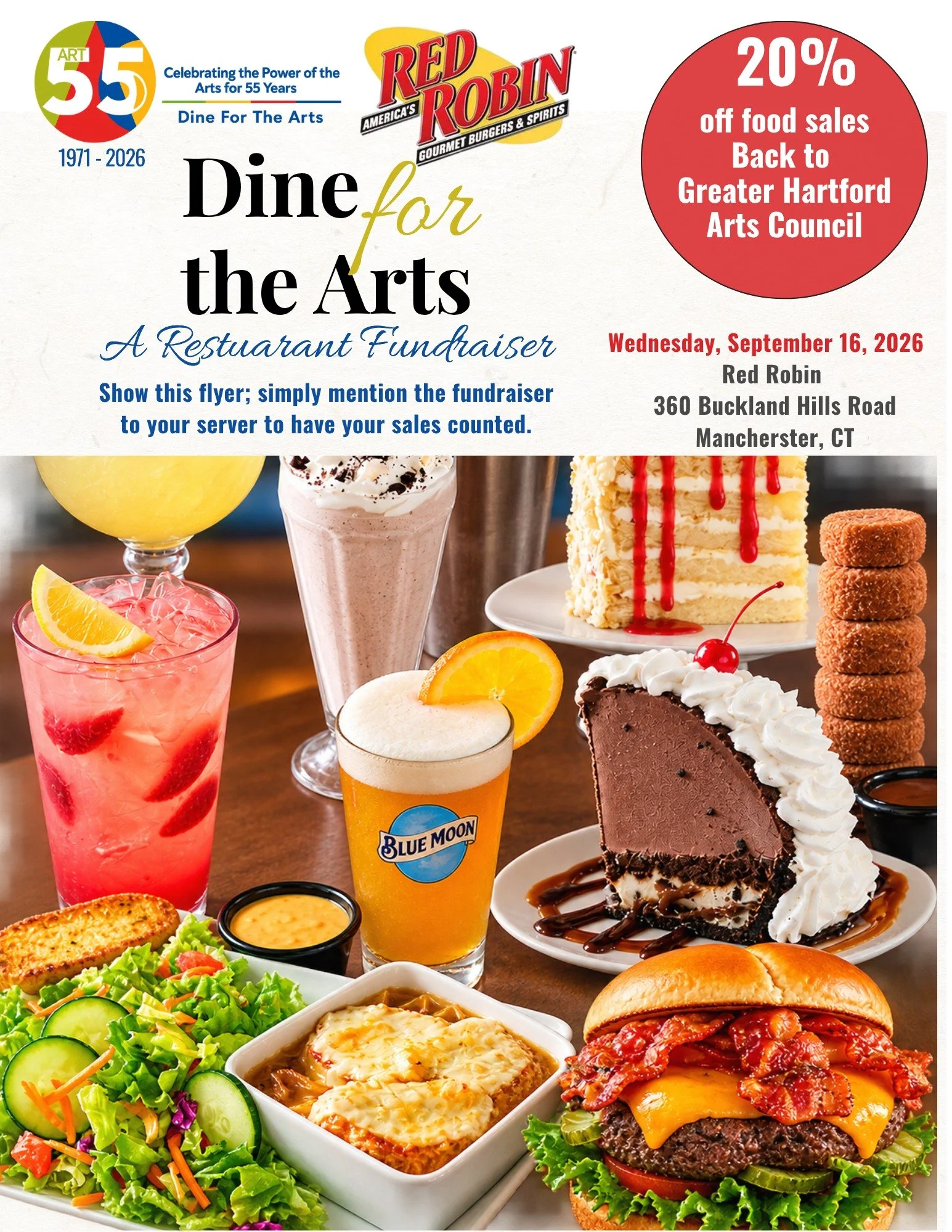 One week from today, your lunch or dinner can help support the arts.

Join the Greater Hartford Arts Council on Wednesday, September 16, for Dine for the Arts at Red Robin in Manchester.

We're inviting our corporate partners, board members, donors, 
