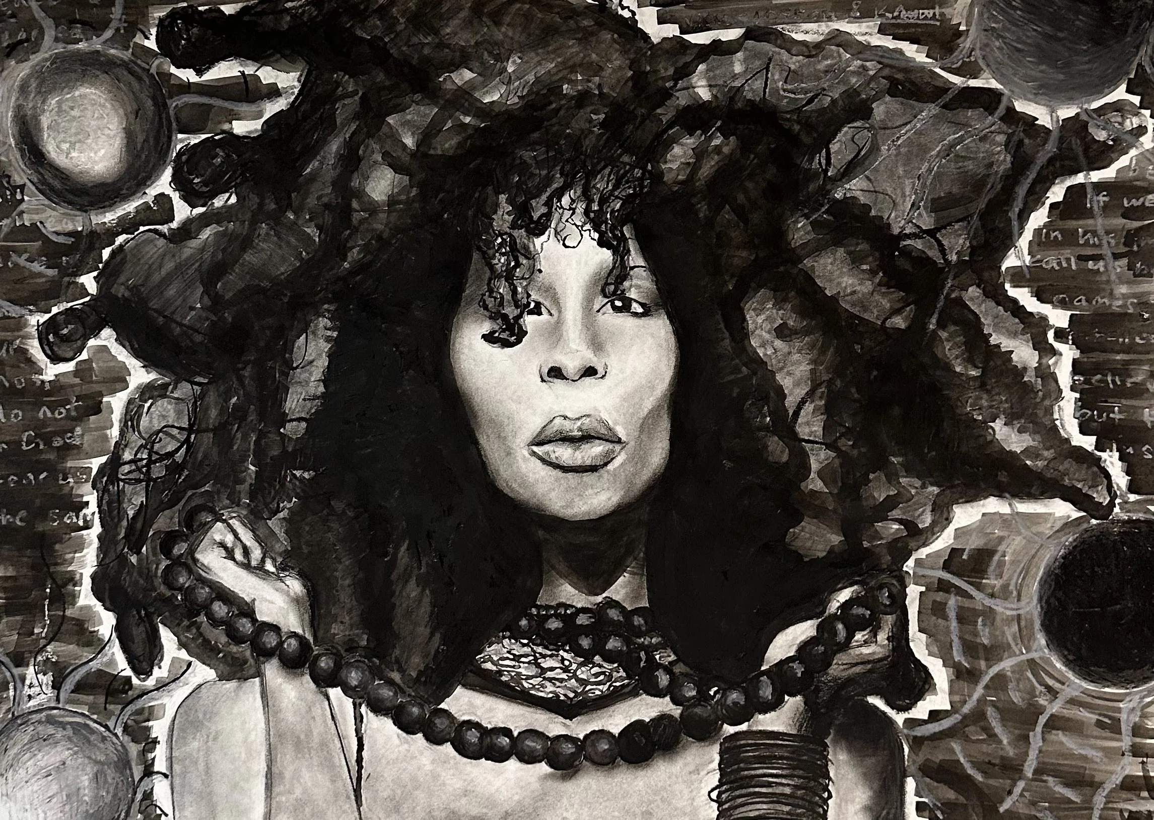 THREE DOLLARS AND SIX DIMES
Three Dollars and Six Dimes is the first charcoal piece I have ever created. I wanted to reflect strength as I was facing a sort of imposter syndrome after my rejection from Governor’s School. Out of admiration for Erykah 