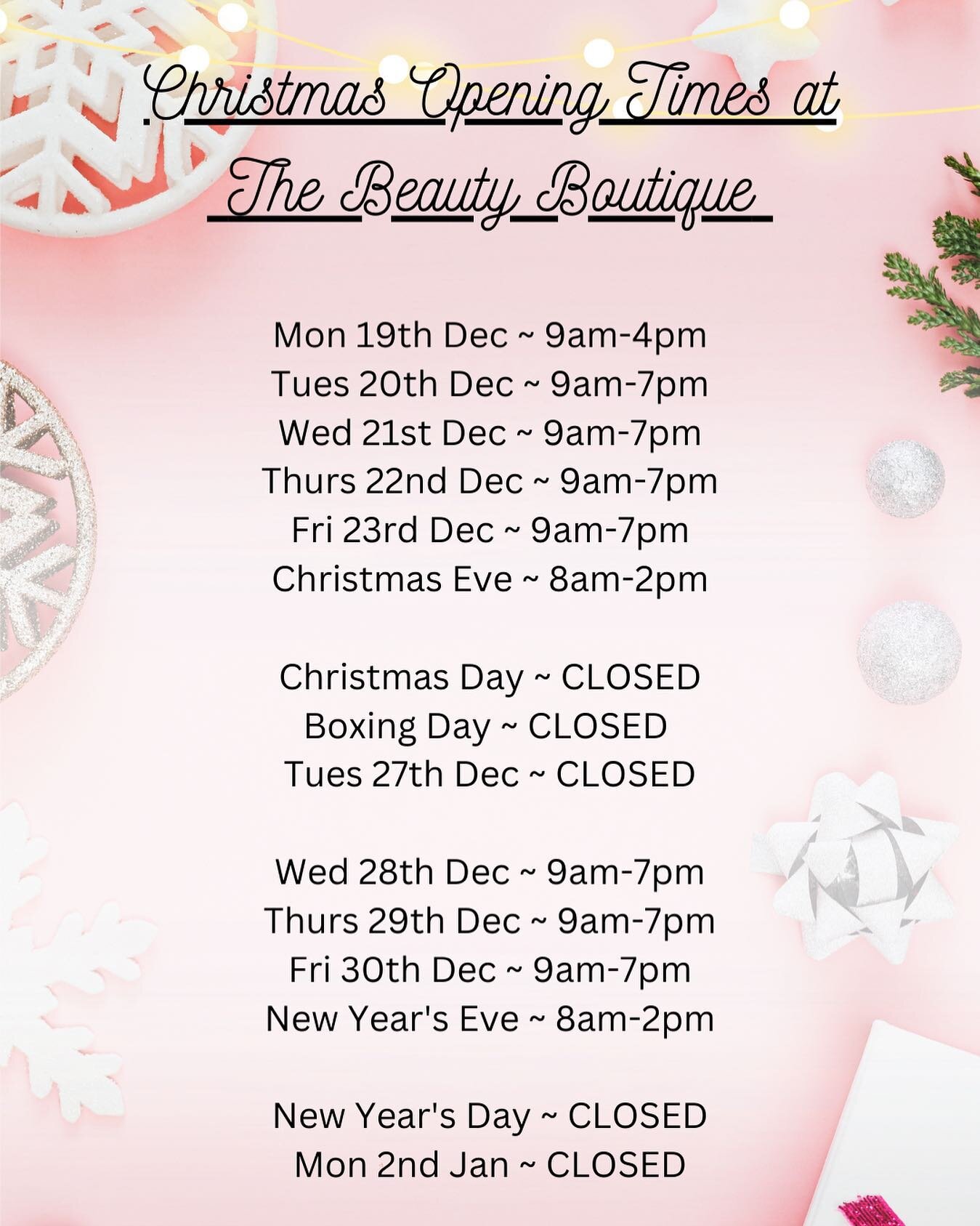 🎄 Christmas opening times! 🎄

Our diary is filling up and there is limited appointments left so if you would like to get booked in please message or call us. We will do are very best to accommodate everyone where we can. 

Online booking is also av