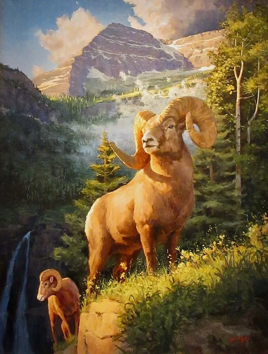 A painting of a mountainous landscape with a large ram with impressive curly horns standing on a ridge, and a smaller ram below it near a waterfall, surrounded by green trees and grass.