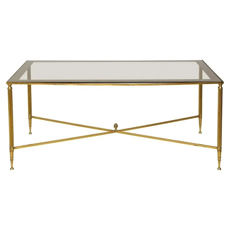 Brass Cocktail Table Smoked-Glass Top on Stretchers Base.jpeg