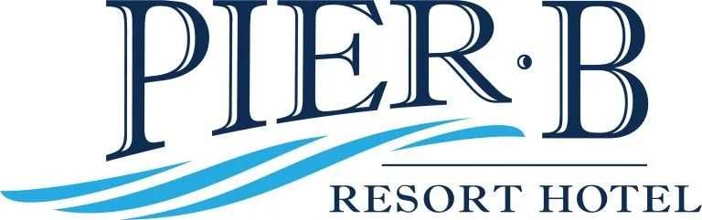 Logo of Pier B Resort Hotel with blue waves underneath the text.