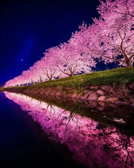 Cherry Blossom Reflections at Night, Asakura-shi, Japan - Photographer unknown
