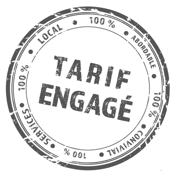 Tampon circulaire avec texte "Tarif Engagé", entouré de mots "Local", "Abordable", "Convivial", et "Service". Mention "100 %" répétée autour du cercle.