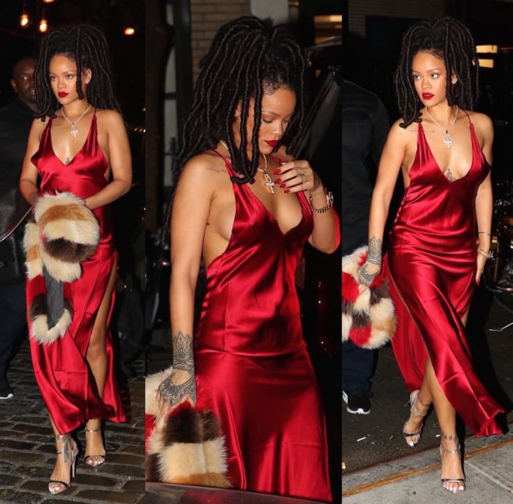 Rihanna wearing Red Satin Slip