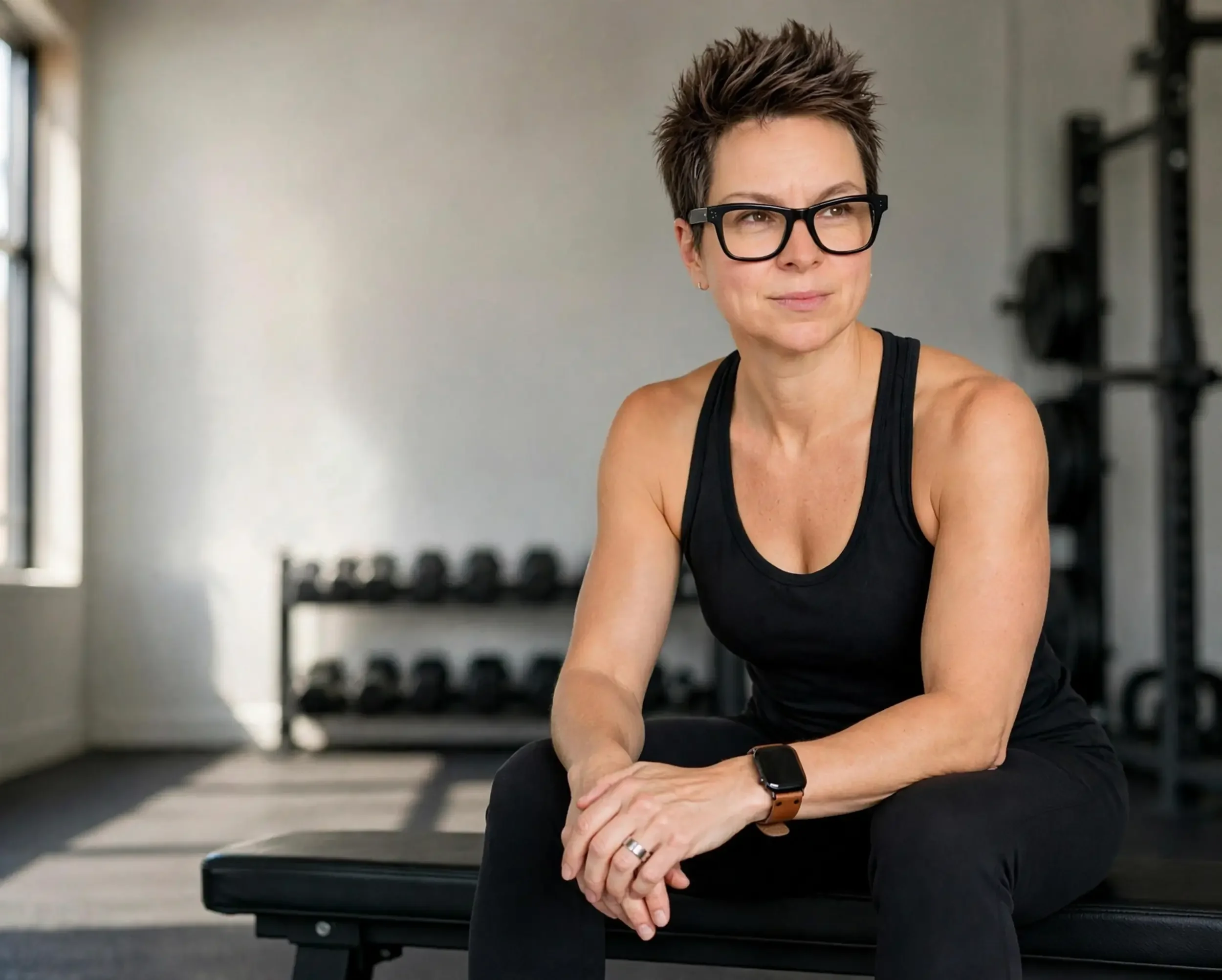 A female human performance coach with short spiky hair and glasses sitting in a gym, wearing a black tank top and smartwatch, with weight racks in the background.