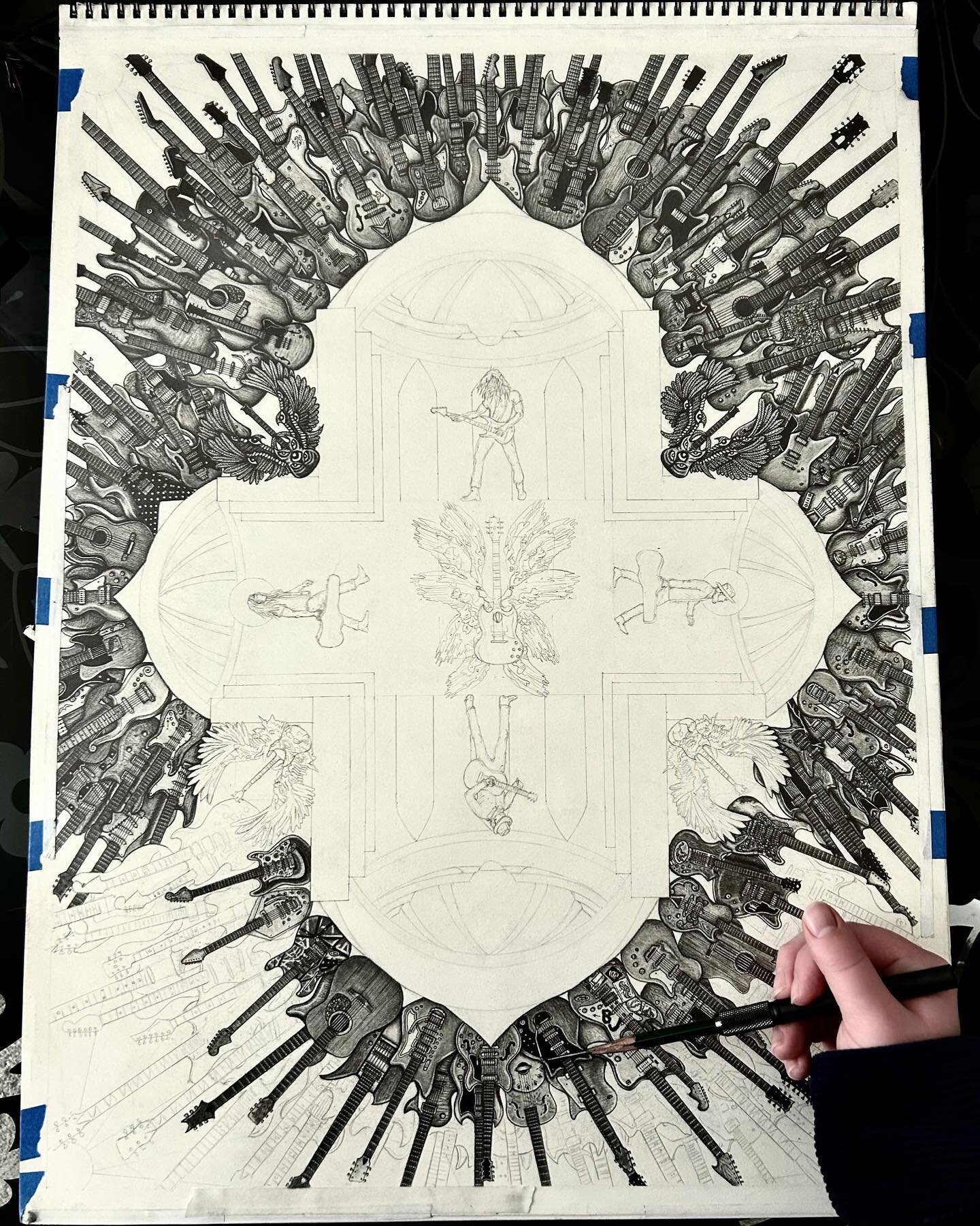 Well over 200 hours into drawing the Three Chords Church of Rock &amp; Roll piece. 

I&rsquo;ve got 2 more rows of guitars to draw then it&rsquo;s onto the middle. 

Stoked because this piece will be the most complex one I&rsquo;ve created so far whe