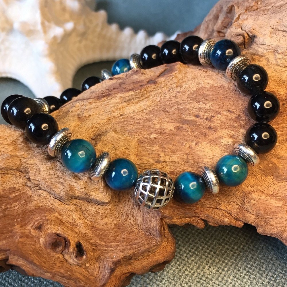 Blue Tiger Eye and Obsidian Men's Mala Bracelet — Daydreams Driftwood
