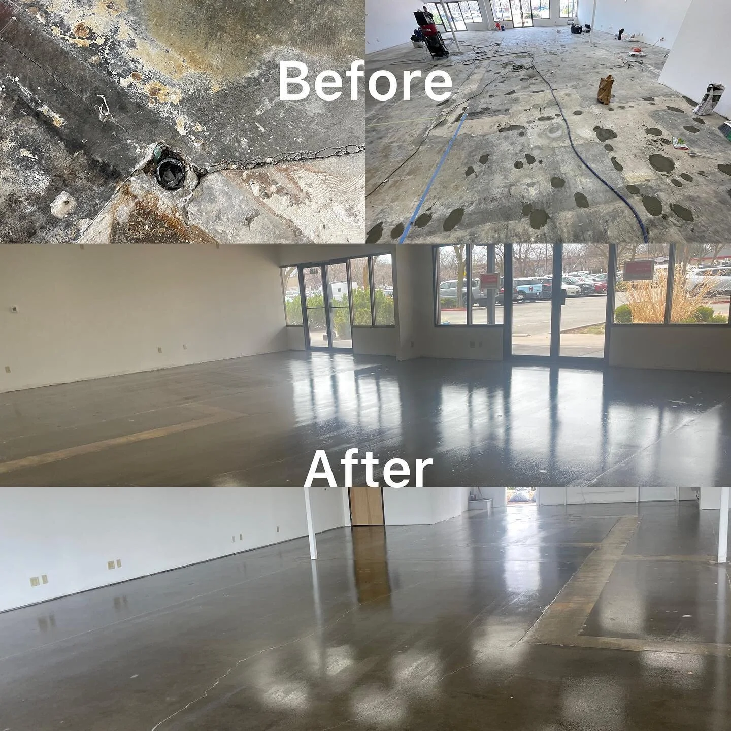 Very damaged concrete that we repaired and put a clear Polyaspartic seal #polyaspartic #epoxy #concrete #concretesealing #elitecreteintermountain #retails