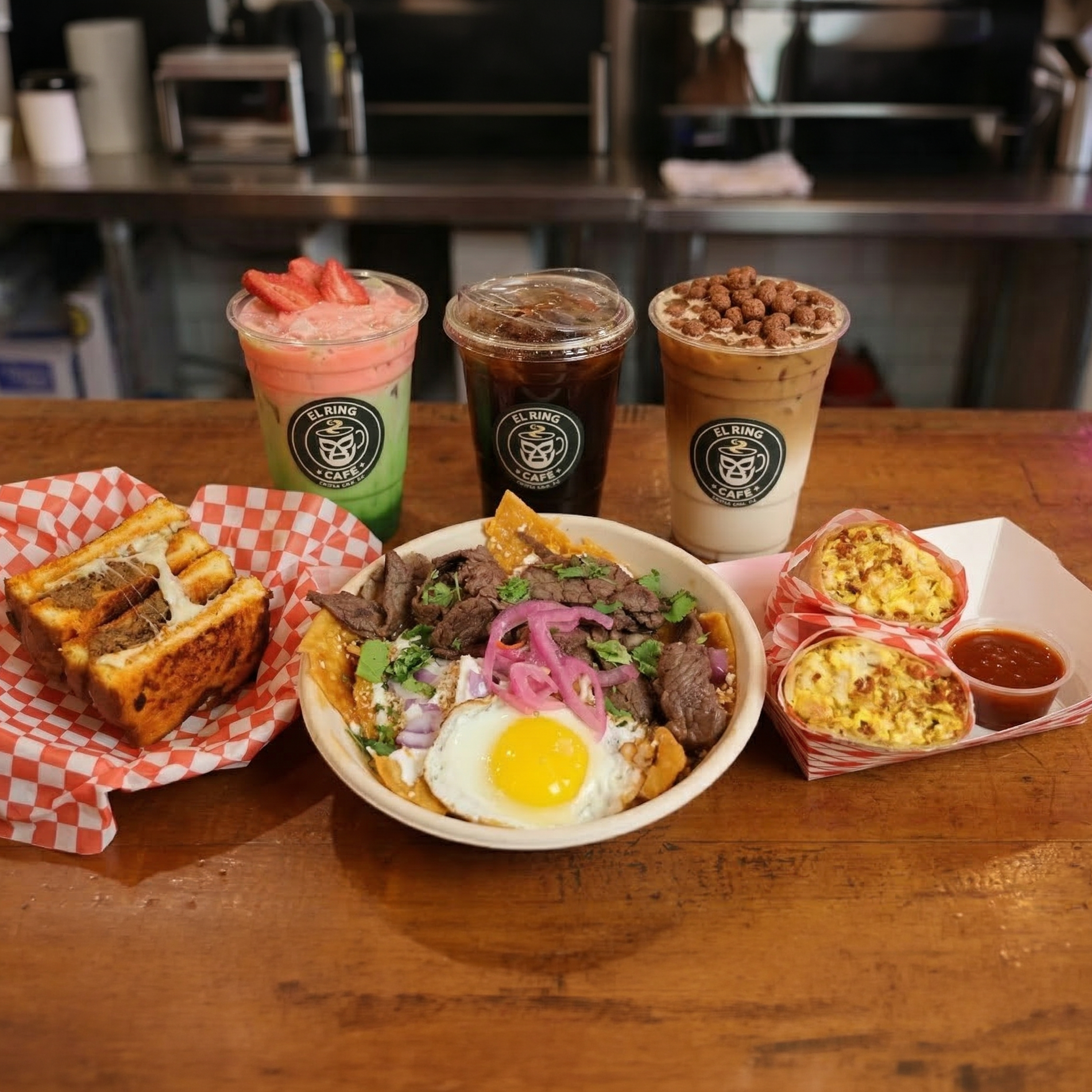 A variety of Mexican-inspired foods and beverages on a wooden table, including a bowl of chilaquiles with beef, a fried egg, and garnishes, two baked goods with filling, three drinks with different flavors and toppings, and two small cups of salsa.