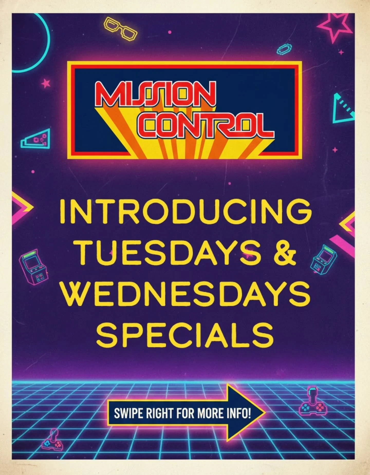 Your mission, should you choose to accept it: epic weekly deals at Mission Control! 🕹️✨

Swipe ➡️ to unlock this week&rsquo;s lineup of specials.

📅 TUESDAYS:
All-Day Happy Hour!
🍺 $5 House Beers
🥃 $10 Beer &amp; Shot Deals
⚡ $10 Boiler Makers
🎟