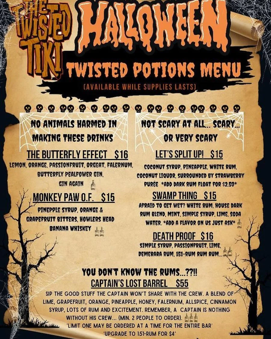 Aloha 🌺 .. ah..ah..ah 🧛&zwj;♂️ come taste @twisted.tikibar elixirs 🧪 they will transform you ⚰️ into the creature of the night. Thirsting 🦇 for tropical cocktails? DRINKERS BEWARE you&rsquo;ll want them all 🩸🍹

Hours of operation 
Monday- CLOSE