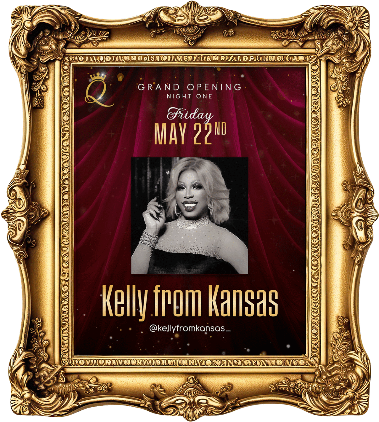 Event flyer for Queens Lounge Grand Opening Night #1 at McFadden Public Market, featuring a performance by Kelly From Kansas. The graphic shows a gold frame with red velvet curtains.