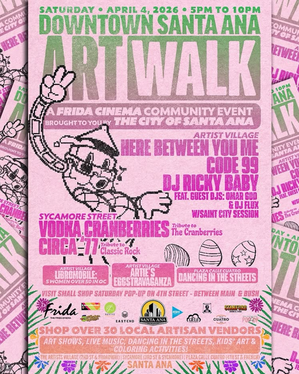 DTSA Art Walk event poster at McFadden Public Market featuring live music, local vendors, and art shows in Downtown Santa Ana.