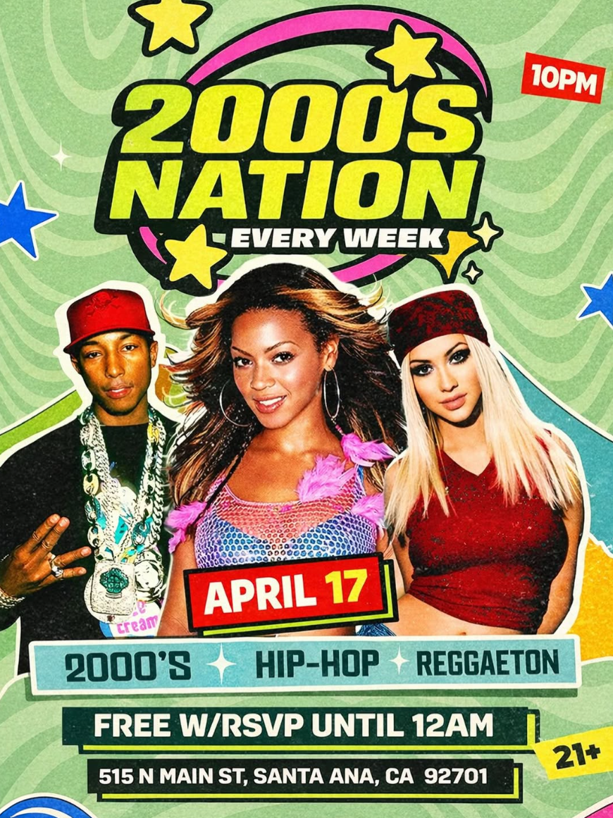 Promotional flyer for #2000sNation at Mission Control featuring 2000s icons Beyoncé, Pharrell, and Gwen Stefani. Text reads: April 17, 2000s Hip-Hop and Reggaeton, Free with RSVP until 12AM, 21 plus event.