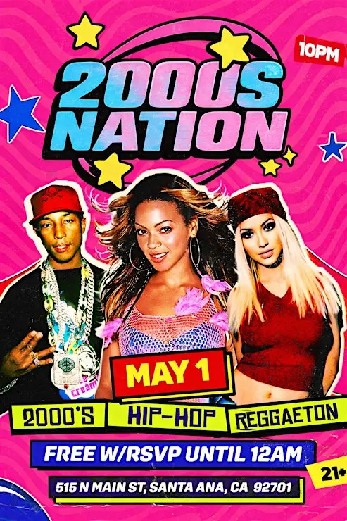 2000s Nation event flyer at Mission Control featuring Pharrell Williams, Beyoncé, and Christina Aguilera in a vibrant Y2K aesthetic with neon pink and blue graphics.