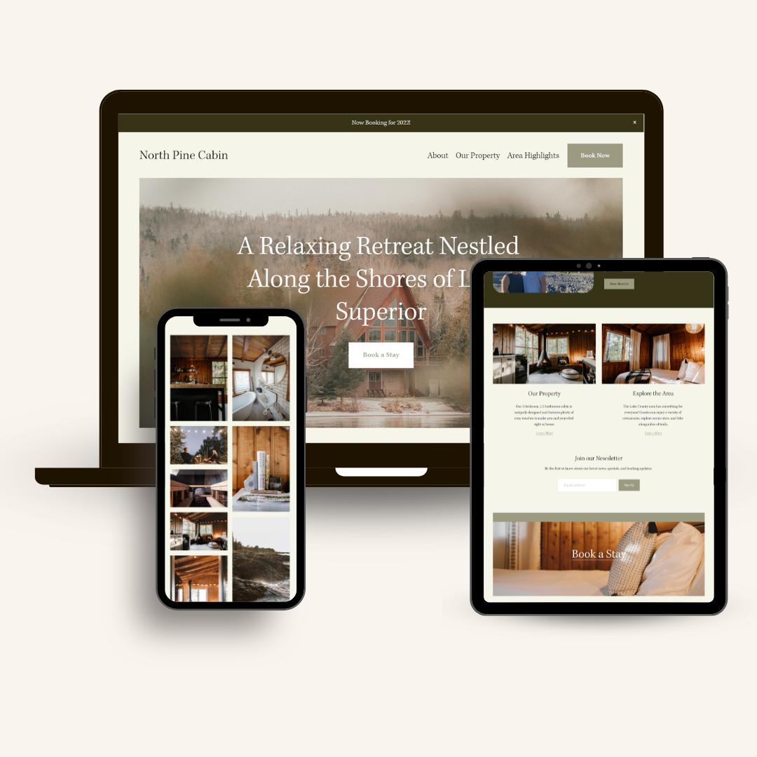 Website displayed on a laptop, tablet, and smartphone for North Pine Cabin, showcasing a vacation rental Squarespace website template made by Lit Path Co.