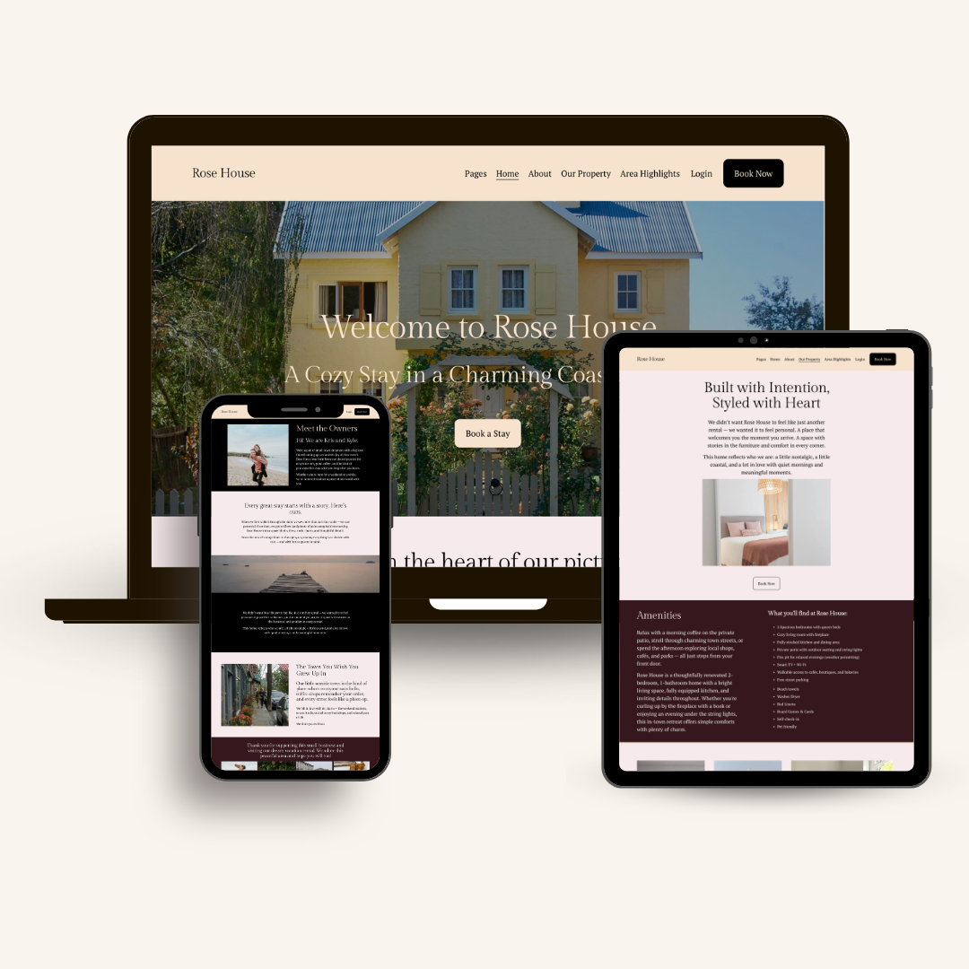 Website homepage for Rose House displayed on a laptop, tablet, and smartphone, featuring images of a charming house and cozy interior, with navigation menu and booking options.