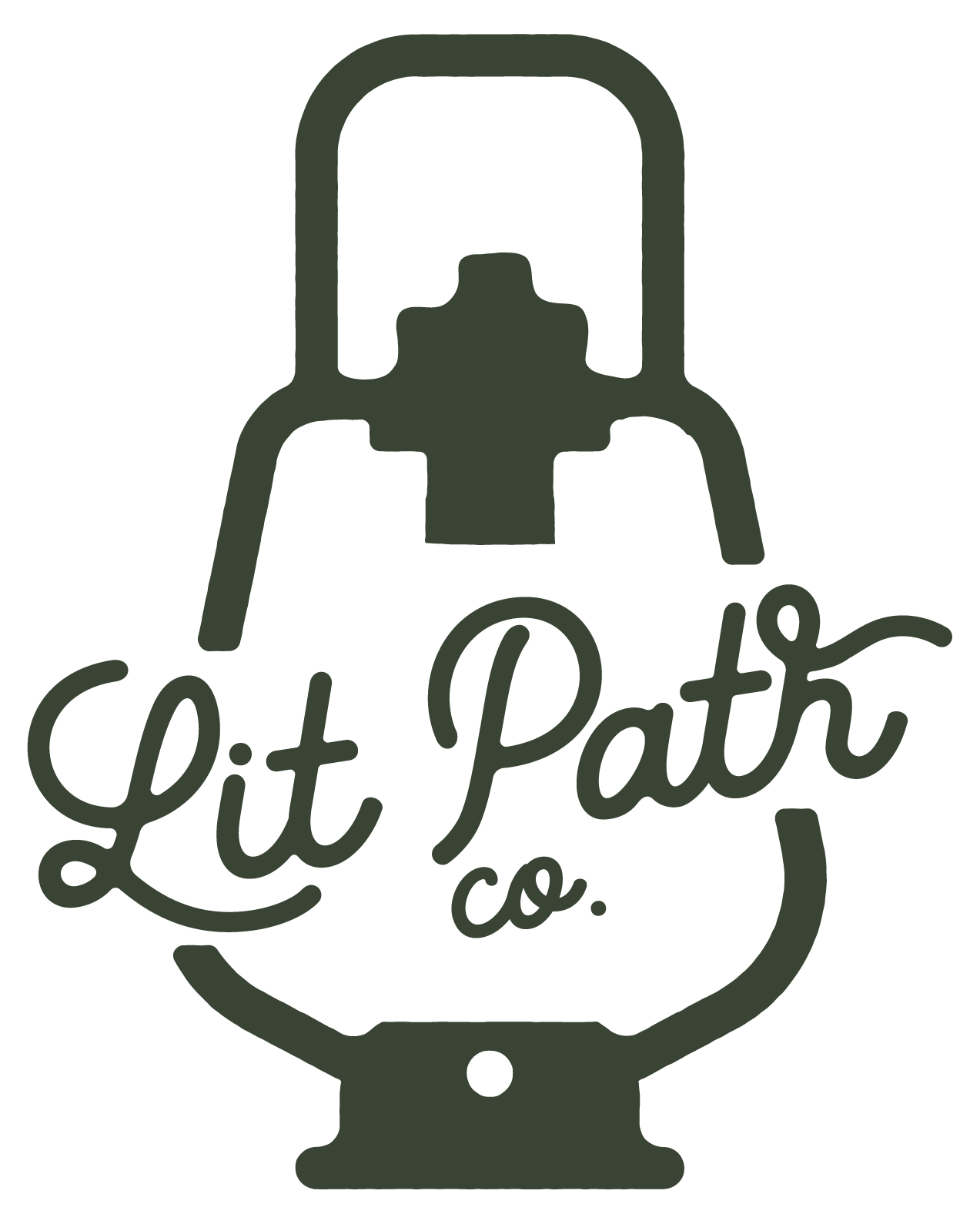 Logo of Lit Path Co. featuring a propane lantern with the words 'Lit Path co.' written in a cursive style underneath.