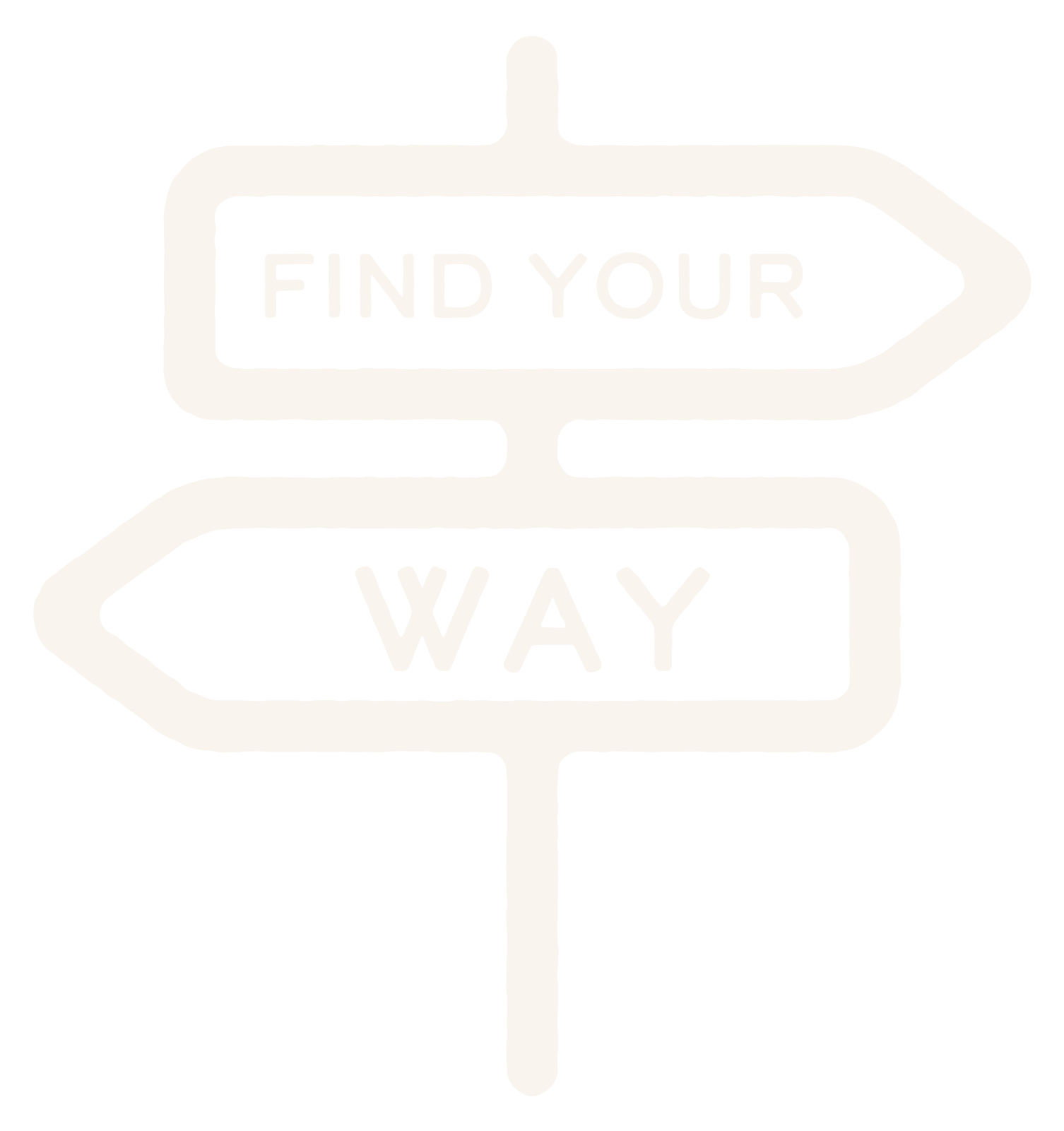 A black and white illustration of a signpost with arrows pointing in opposite directions; the top arrow says "FIND YOUR" and the bottom arrow says "WAY."