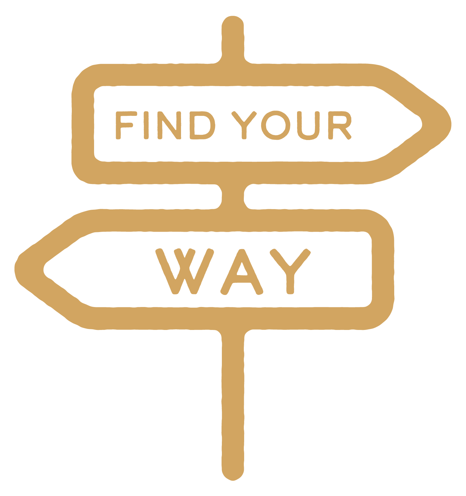Brown illustrated directional signs with arrows pointing left and right, labeled 'FIND YOUR' and 'WAY'.
